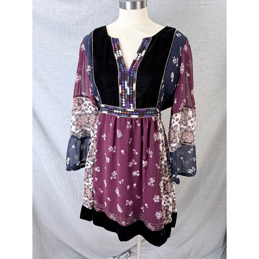 Maeve Anthropologie Velvet Patchwork Chiffon Bell Sleeve Boho Dress XL